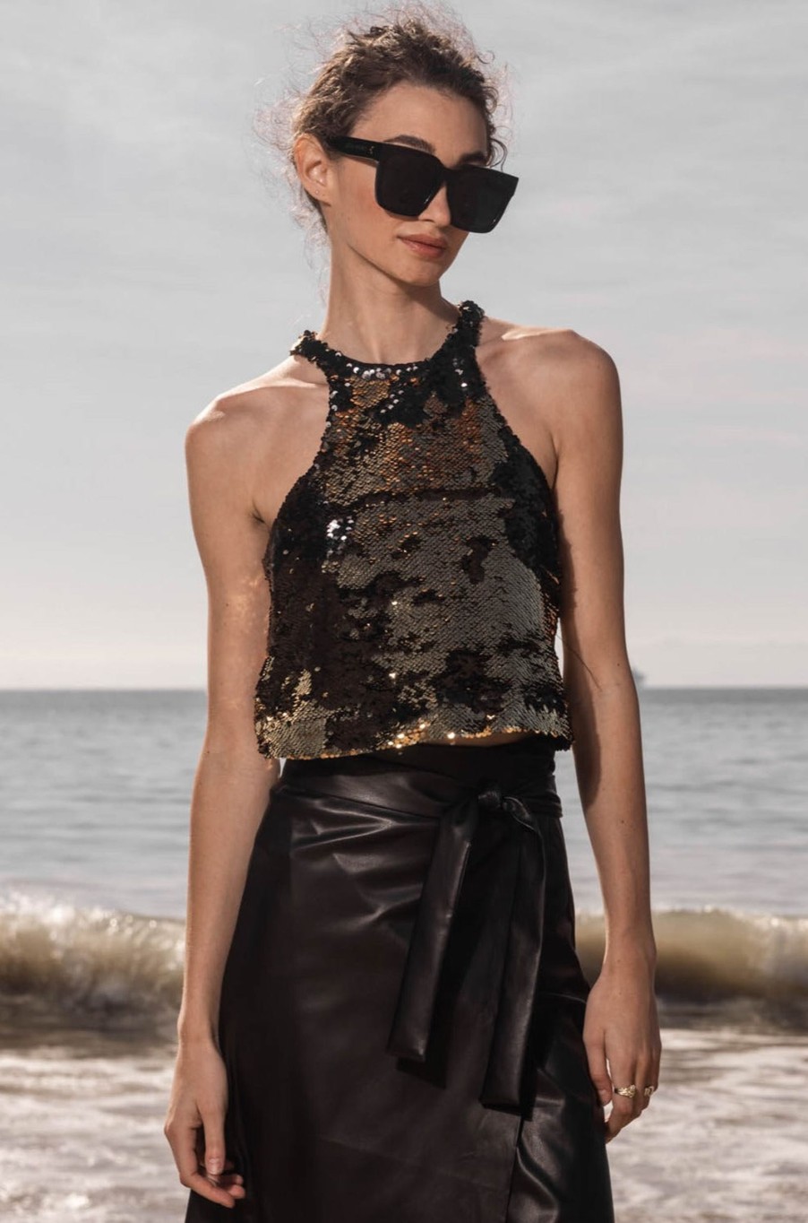 Women Heidi Merrick Tops | Alga Top-Black & Gold